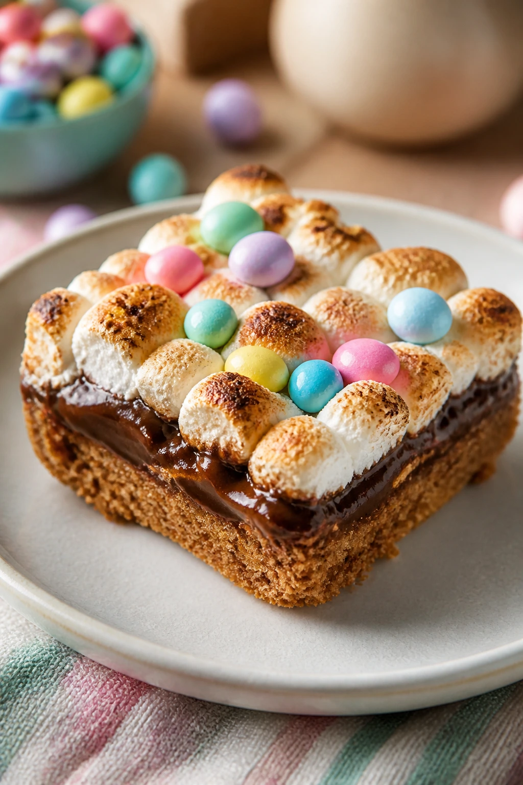 Close-up of s'mores easter bar with graham crust, chocolate, marshmallow, and pastel candy