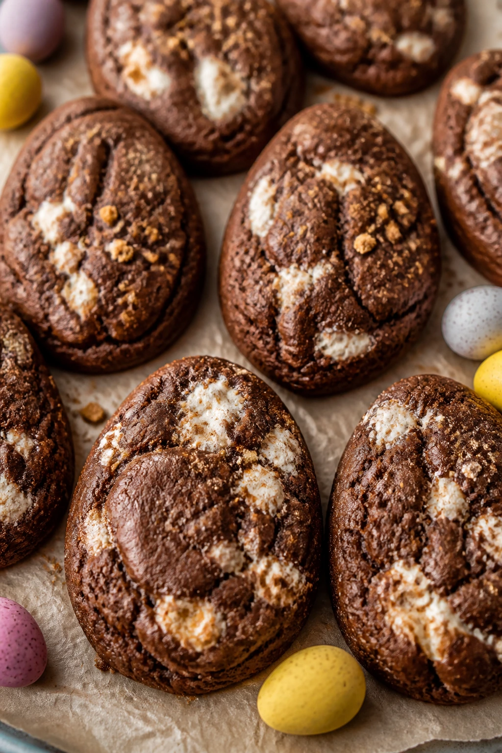 S’mores Easter egg cookies with marshmallow and graham crumbs