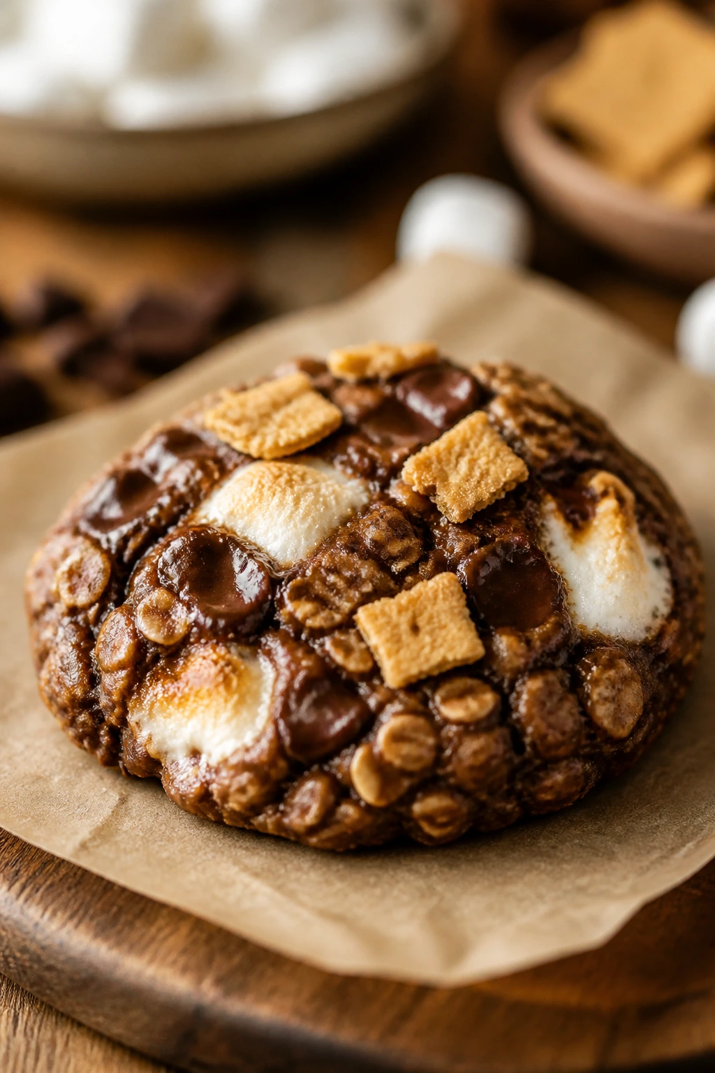 Close-up of S'mores oatmeal cookie with graham crackers and marshmallows on parchment