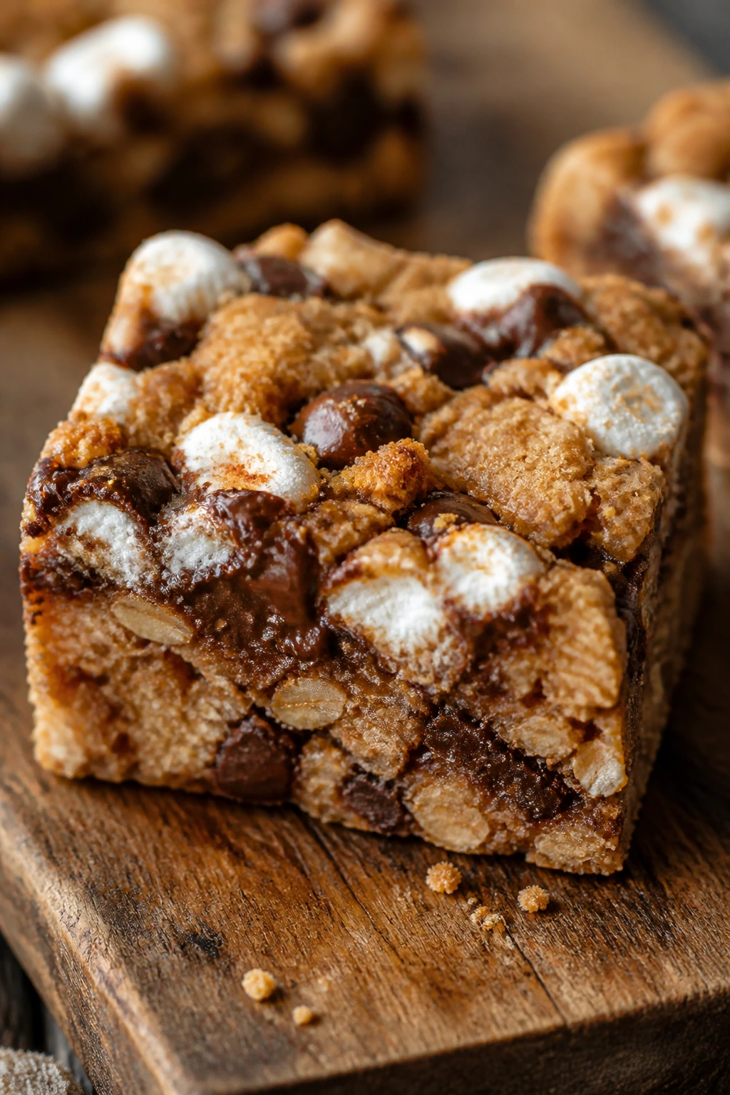Close-up of a s'mores protein bar square with graham crumbs and marshmallows on a wooden board