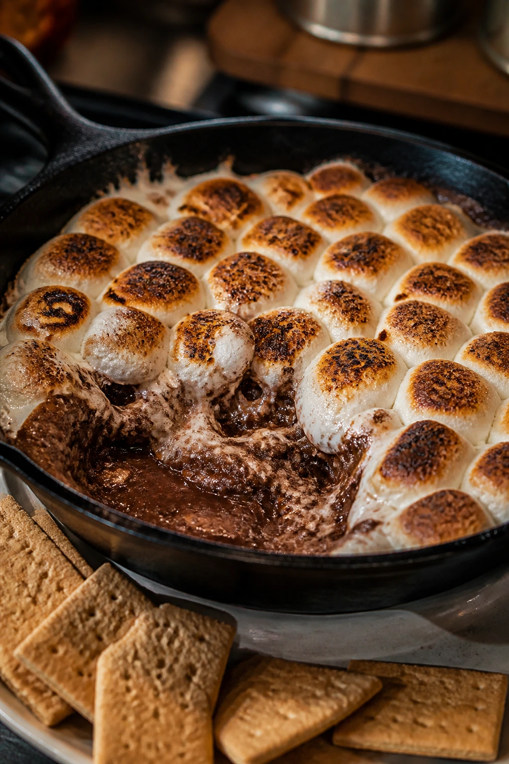 Cast-iron skillet filled with melted chocolate and toasted marshmallows