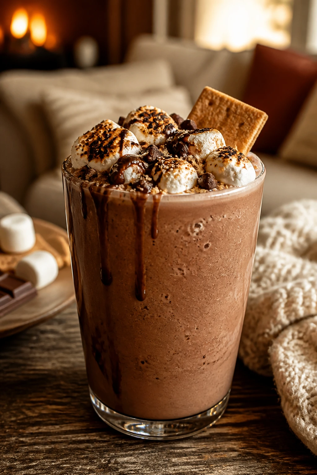 Rich chocolate S’mores smoothie in glass on a cozy table