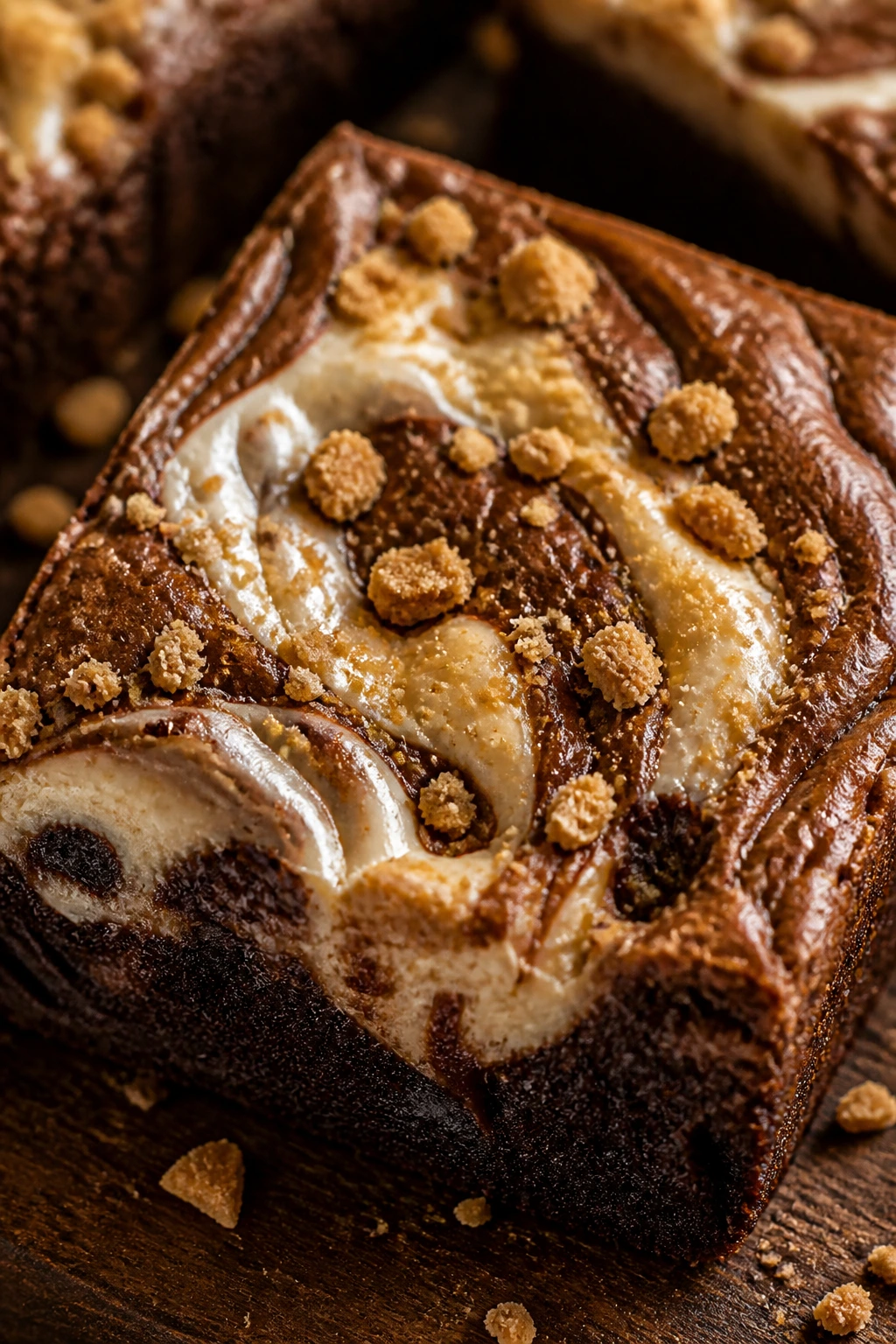 Close-up of S’mores Swirl Brownie with marshmallow swirl and graham crumbs