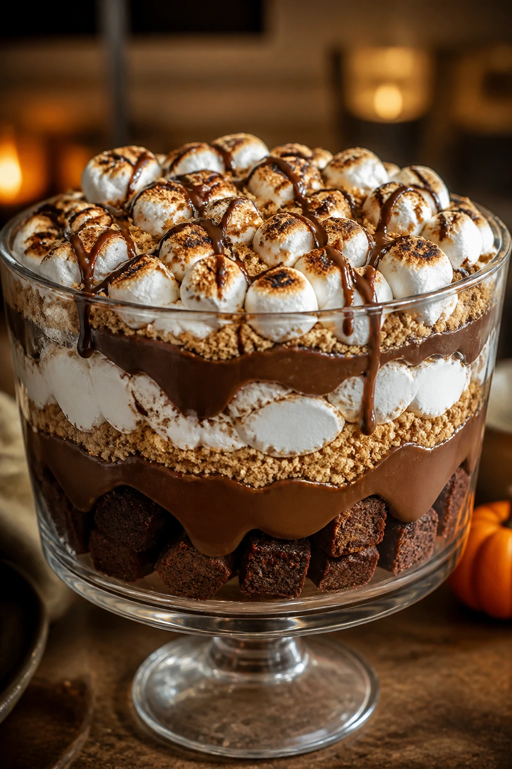 Close-up S’mores Cauldron Trifle with brownie, pudding, and toasted marshmallows.