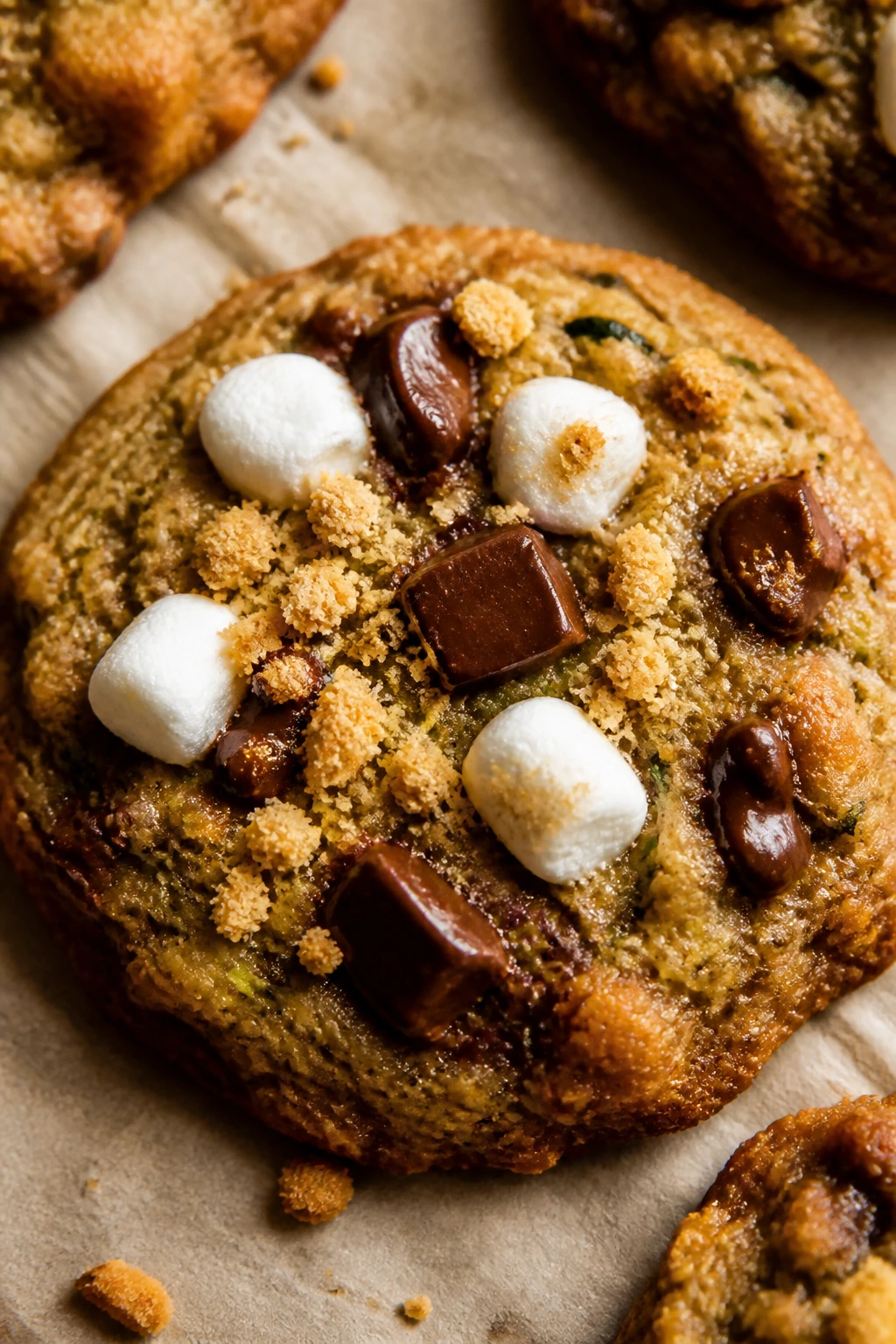 Close-up of S’mores Zucchini Oatmeal Cookie with graham crumbs, chocolate, and marshmallows.