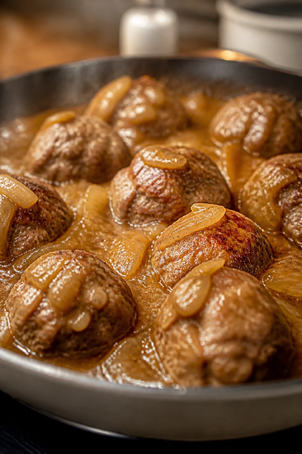 Meatballs in rich onion gravy in a skillet.