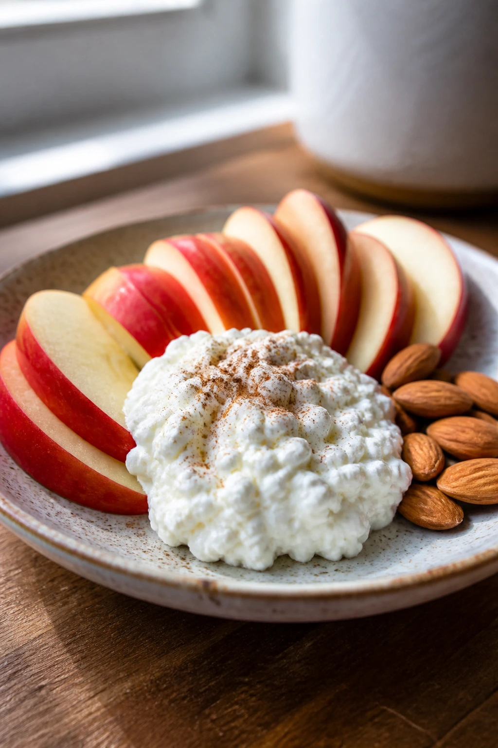 Close-up of an apple with cottage cheese and almonds on a wooden counter, a snack that satisfies hunger under 500 calories.
