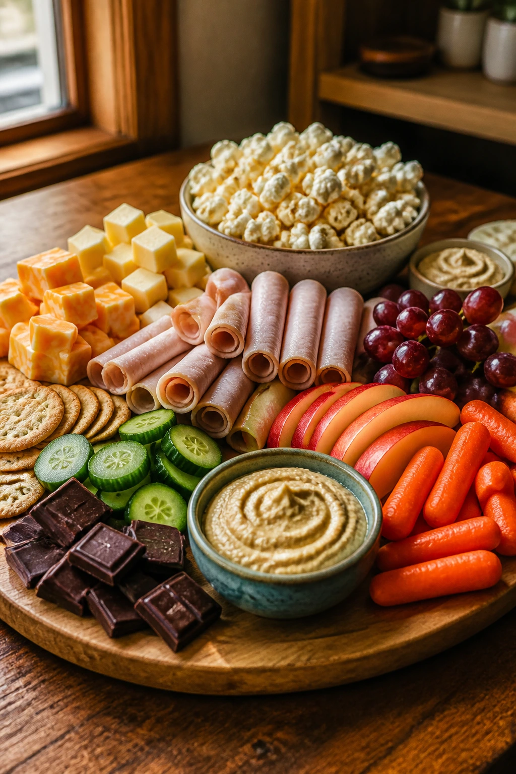 Close-up of a large snack board with varied bites for movie night on a wooden table.