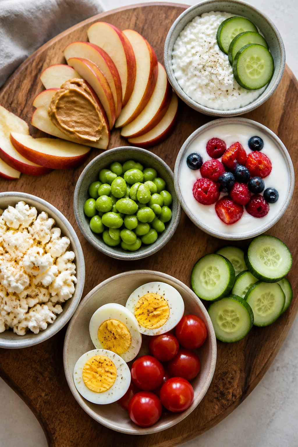 Top-down view of a healthy snack board with apple, cottage cheese, yogurt, eggs, edamame, and popcorn