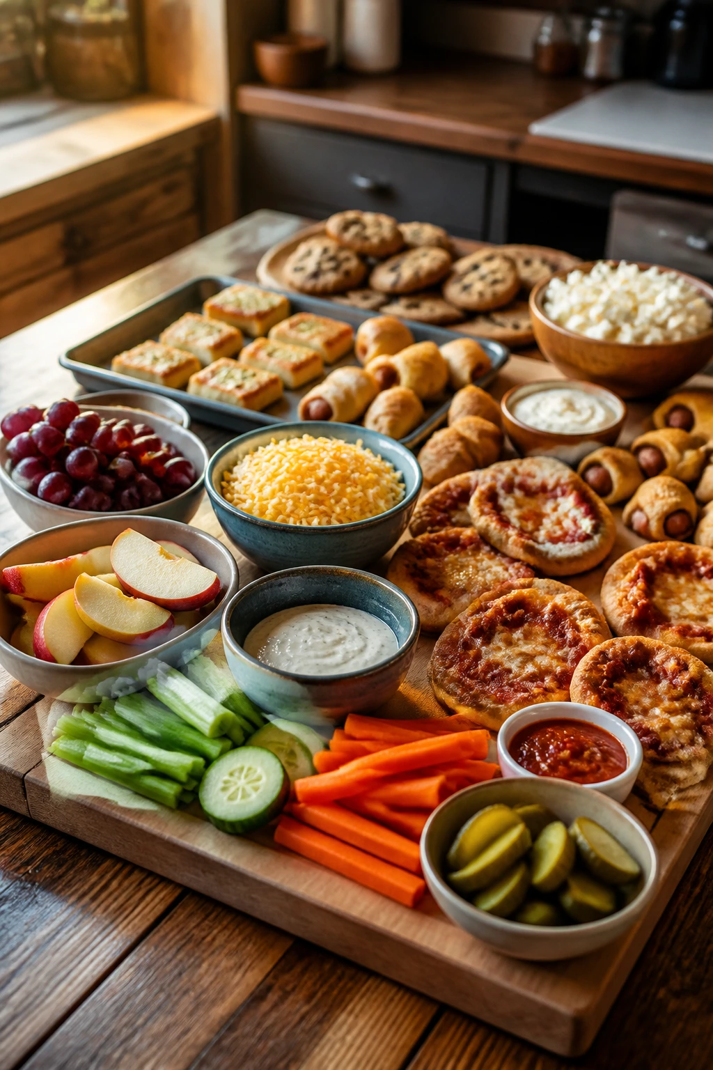 Close-up of a rustic snack board for a kids' movie night on a cozy kitchen counter.