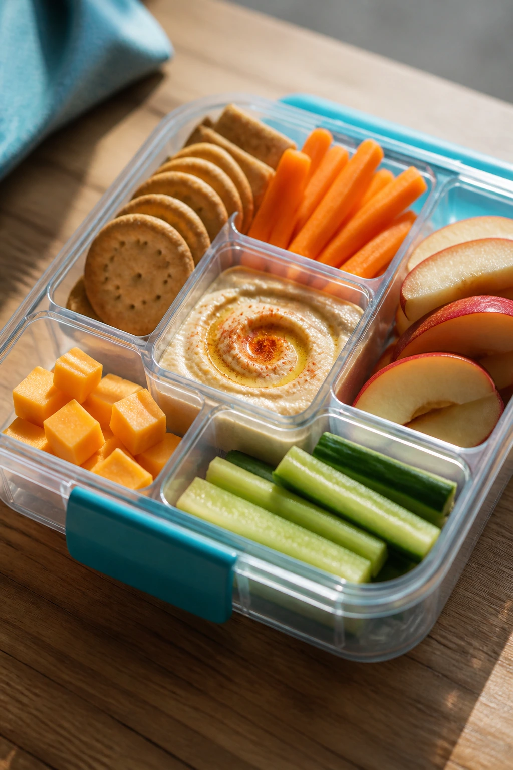 Open snack box with hummus, cheese, crackers and veggies