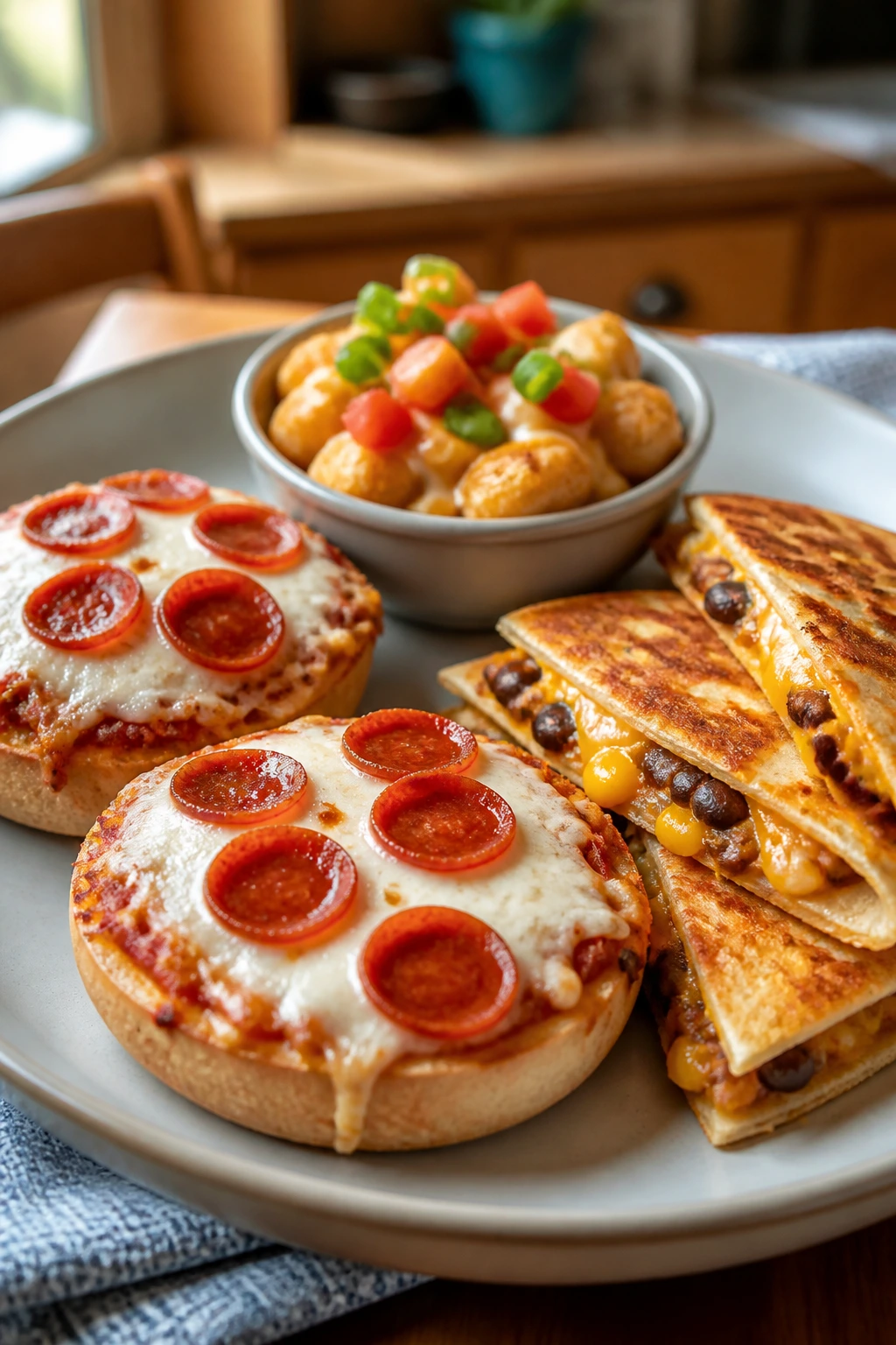 Plate with a trio of kid-friendly snack-dinners on a kitchen table
