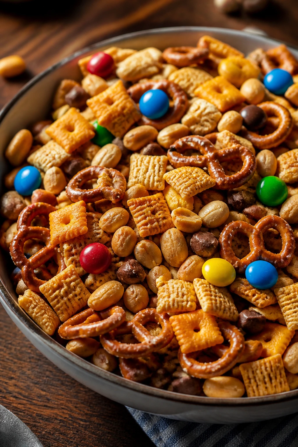 Bowl of sweet and salty snack mix with cereal, pretzels, peanuts and chocolate