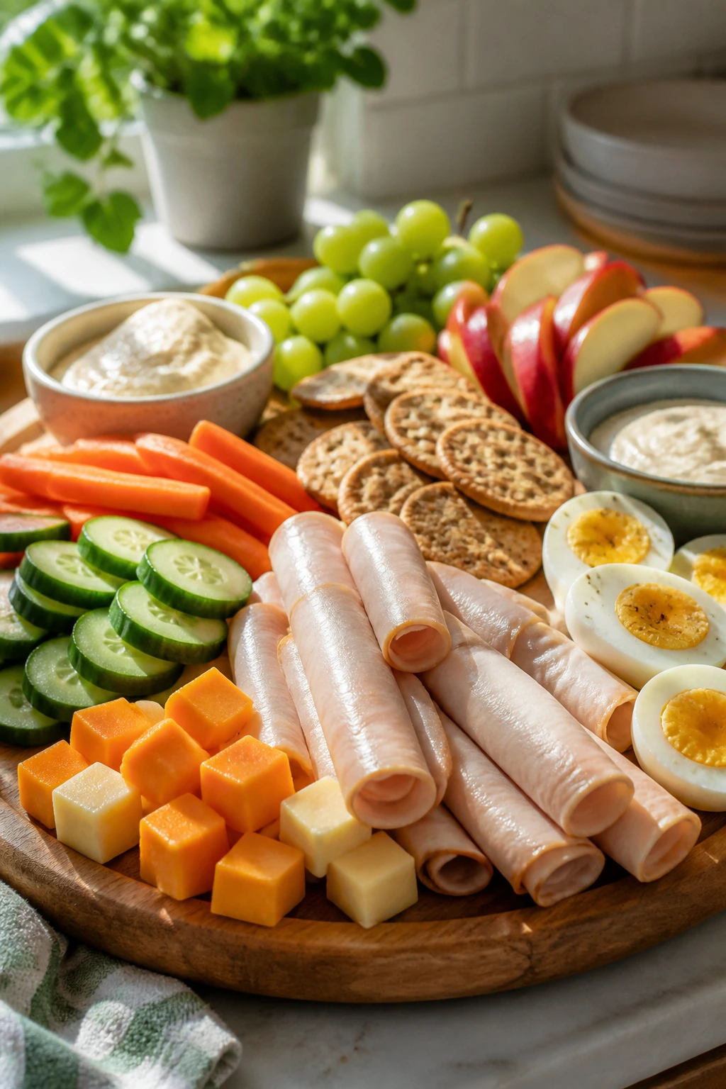 Colorful snack-plate board with turkey, cheese, veggies, fruit, eggs and grapes