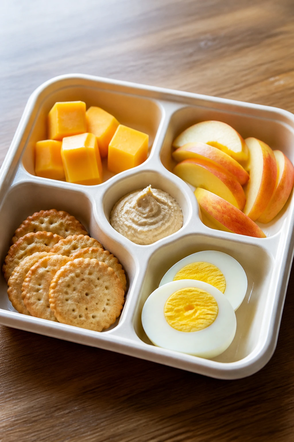 Snack plate breakfast box with cheese, apple, crackers, egg, and hummus