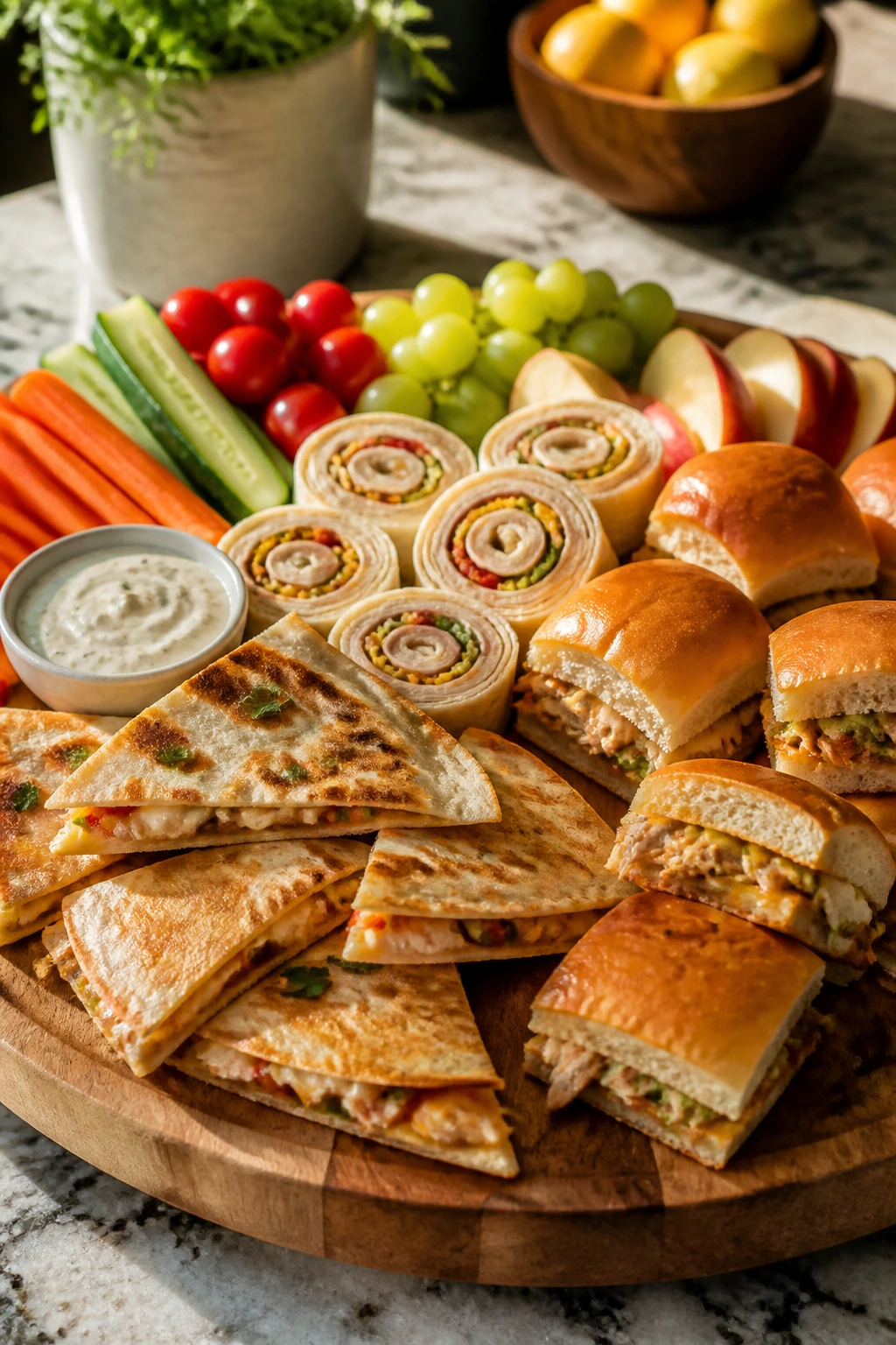 Close-up of a snack-platter style serving with wedges, sliders, pinwheels, fruit and veggie sticks on a wooden board