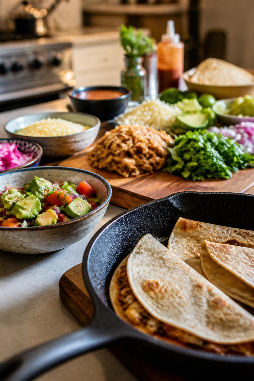 Casual snack-style dinner setup with skillet, tortillas, and colorful bowls on a kitchen island