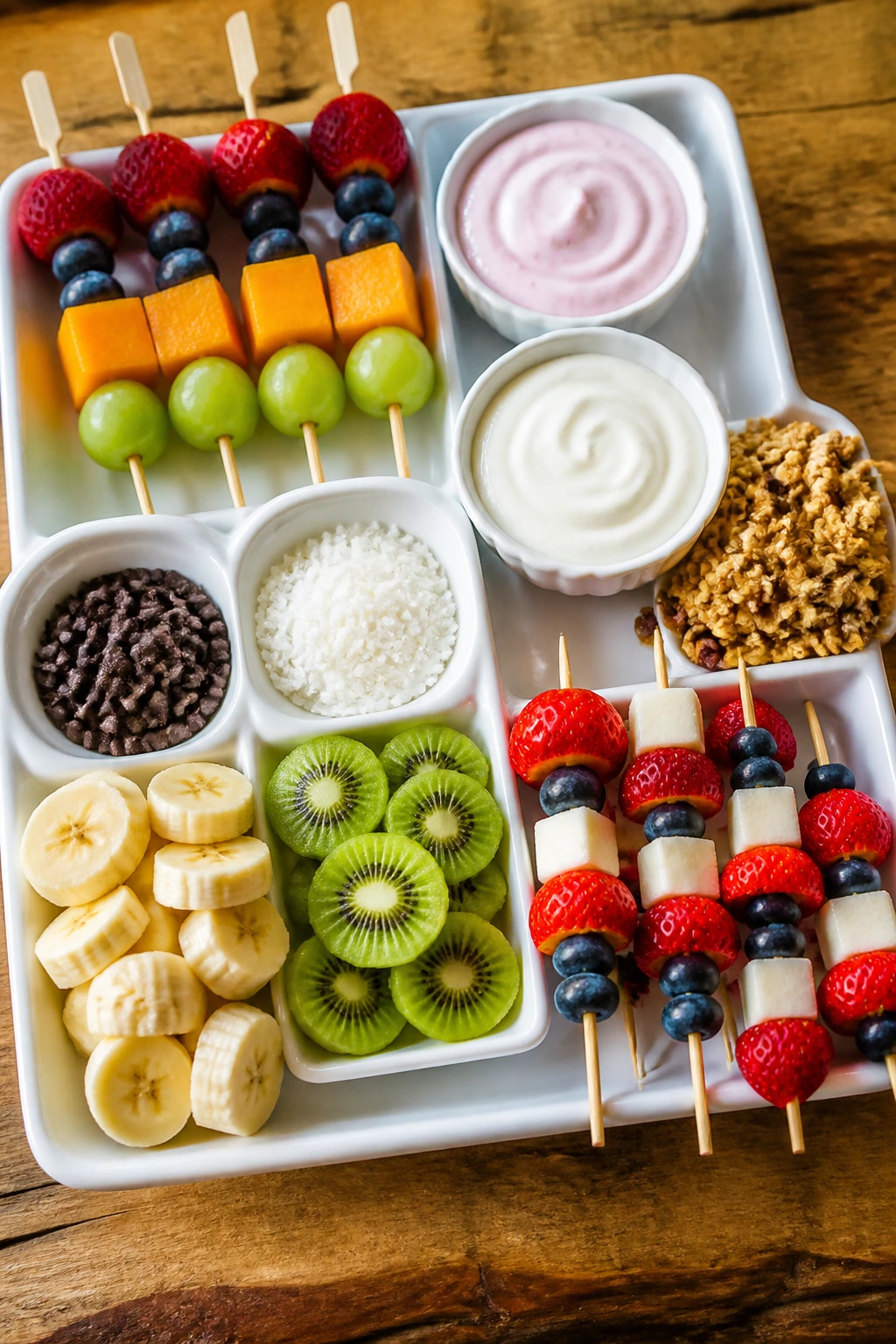 Colorful snack tray filled with fruits and yogurt dips.