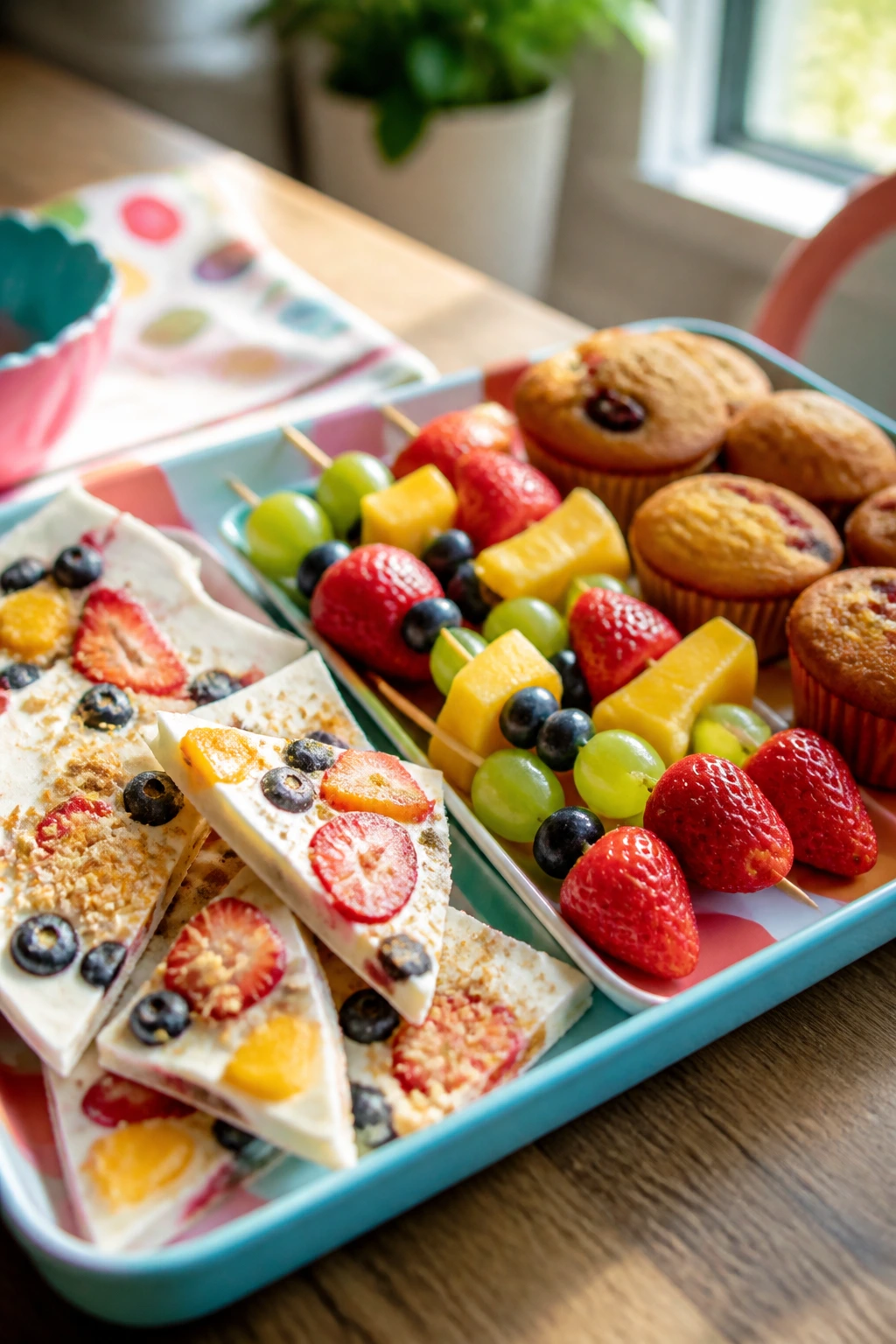 Close-up of a colorful kid-friendly snack tray with muffins and fruit skewers