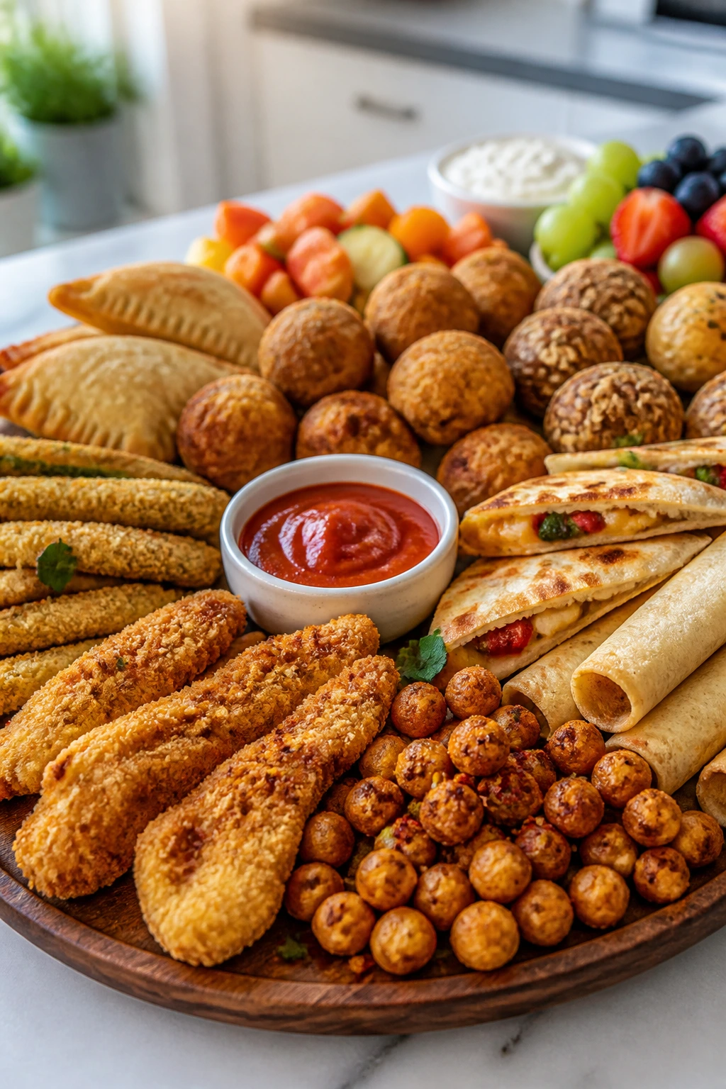 Colorful platter of varied air fryer snacks showing multiple variations.