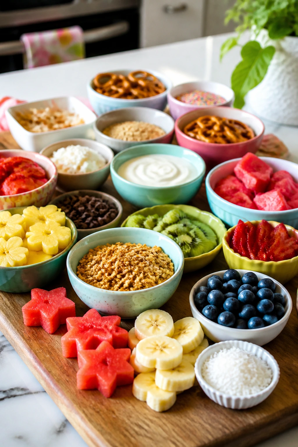 Colorful snack board with varied toppings on a kitchen island.