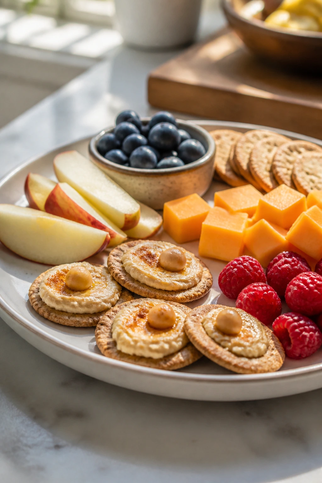 Snack plate with cheese, apple, crackers, and berries