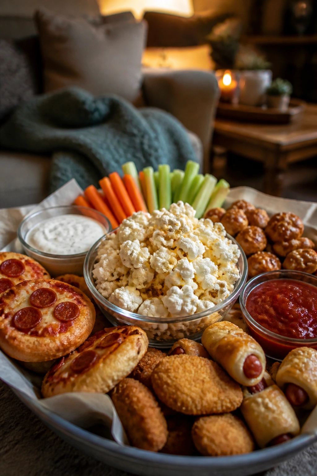 Close-up of assorted handheld snacks on a coffee table beside a couch in a cozy living room