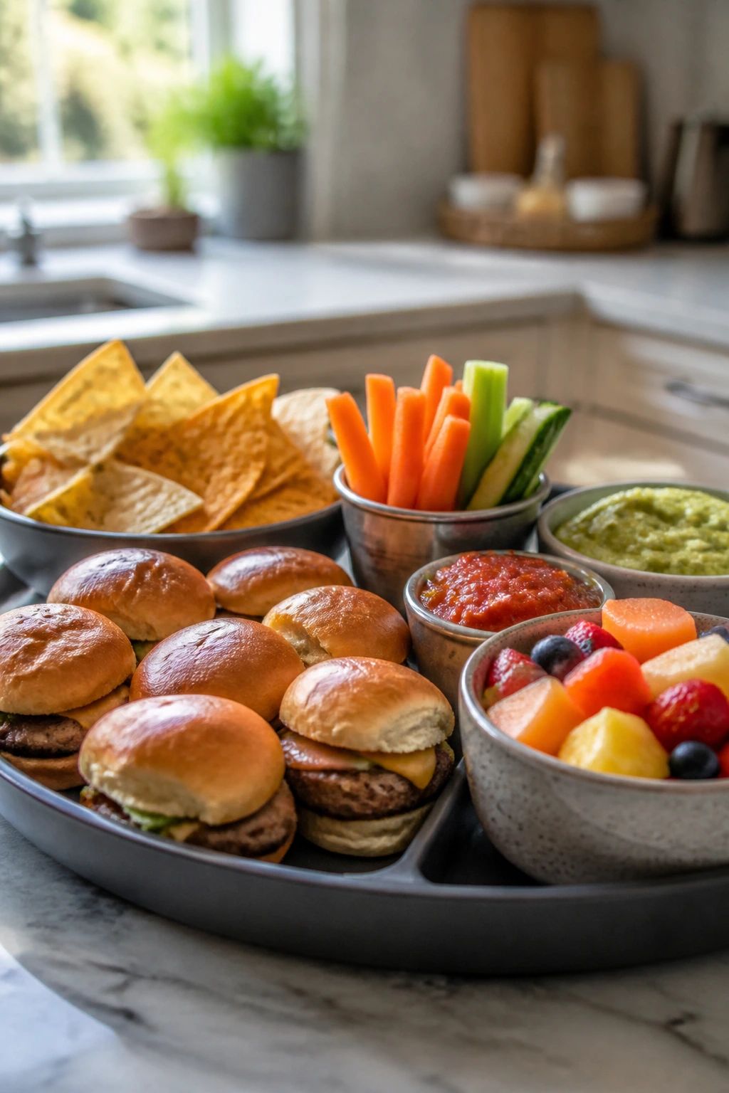 Snacky dinner concept with bite-sized foods on a tray in a kitchen