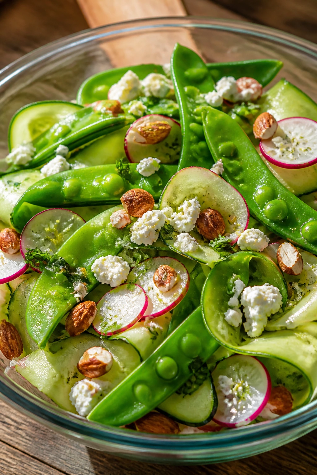 Close-up of vibrant snap pea salad in a glass bowl with cucumber, almonds, and feta on a rustic wooden counter