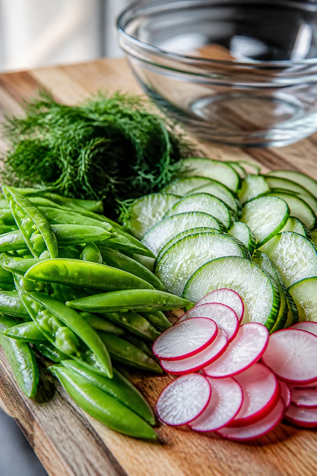 Crisp vegetables on a wooden board ready to toss: snap peas, cucumber, radish