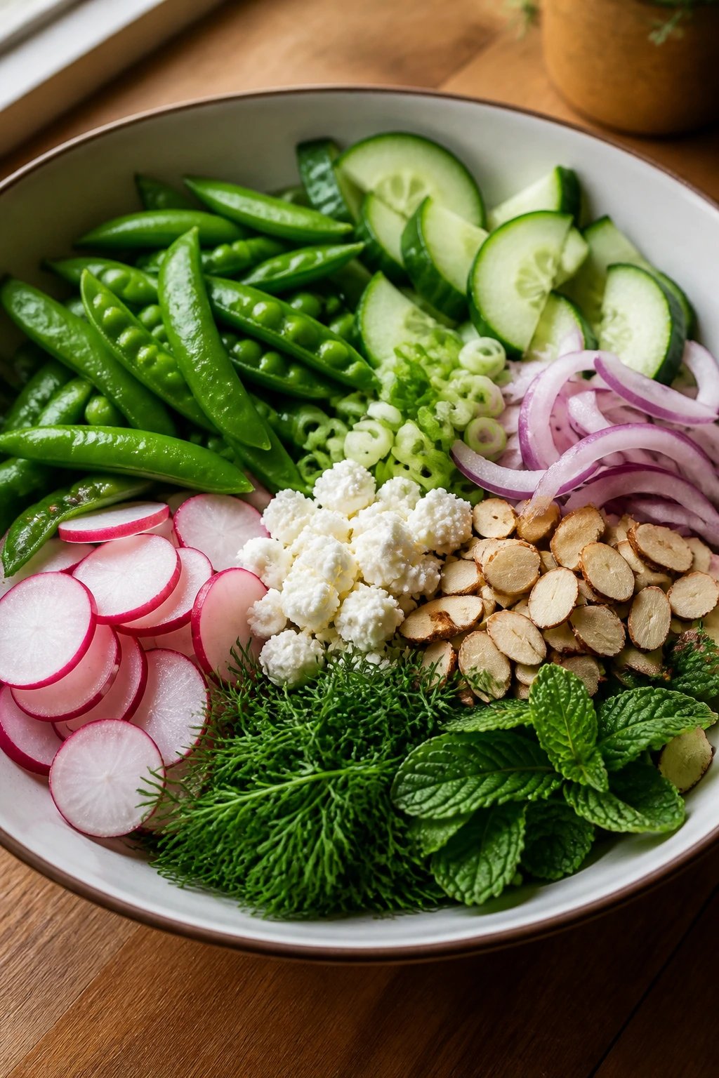 Close-up of salad components: snap peas, cucumber, radish, scallions, feta, almonds, dill, and mint in a bowl