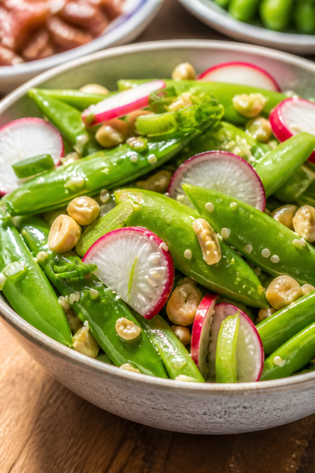 Close-up of sesame snap pea salad with radish in a small bowl