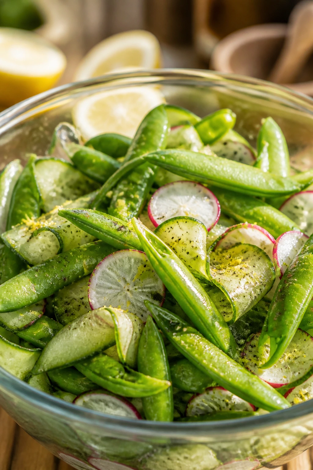 Close-up of a bright snap pea salad with lemon zest and pepper