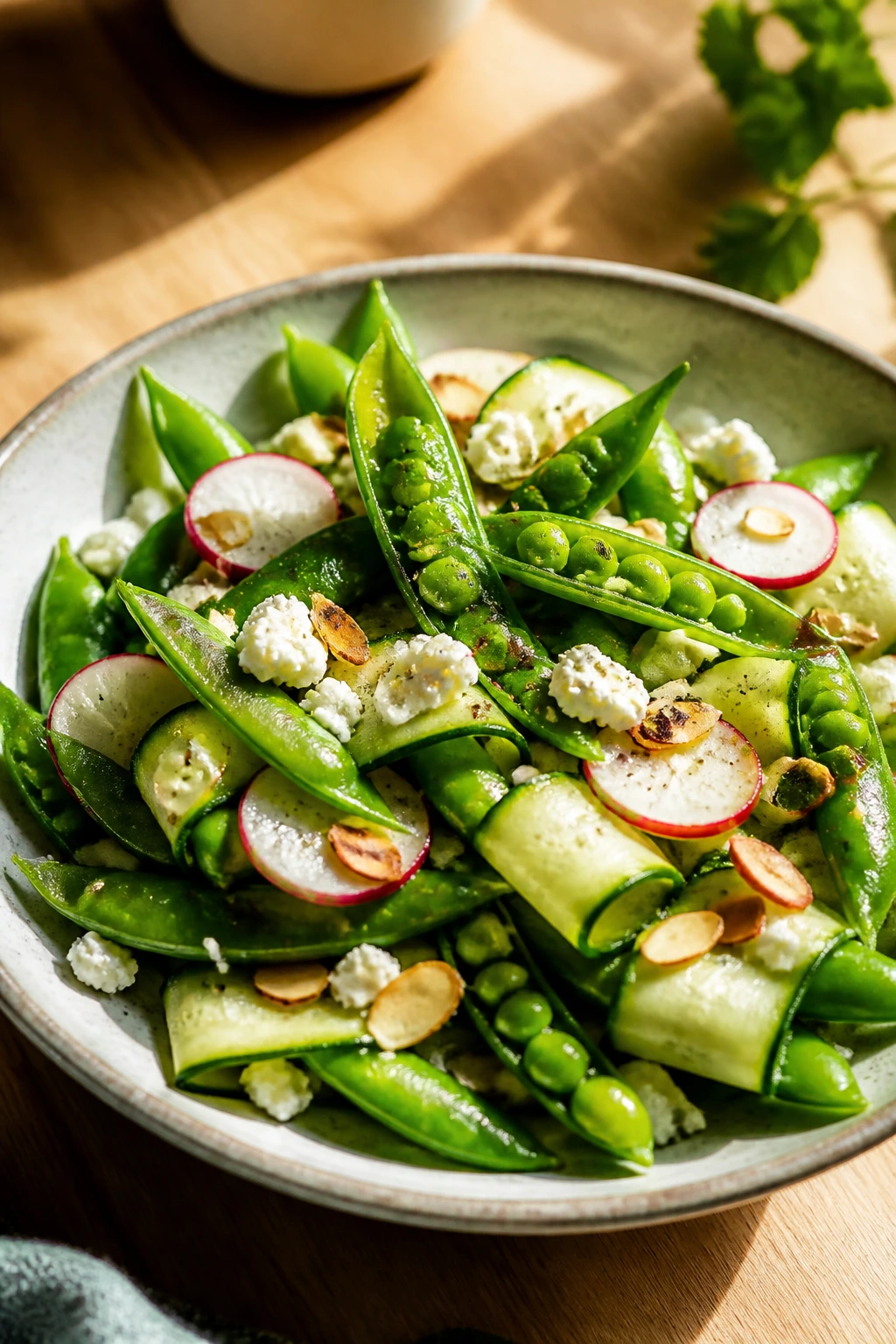 Plated salad showing textures: peas, cucumber ribbons, radish coins, feta, almonds