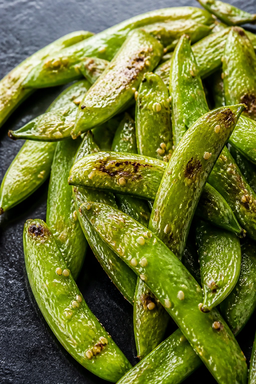 Bright sesame-coated snap peas on a dark surface
