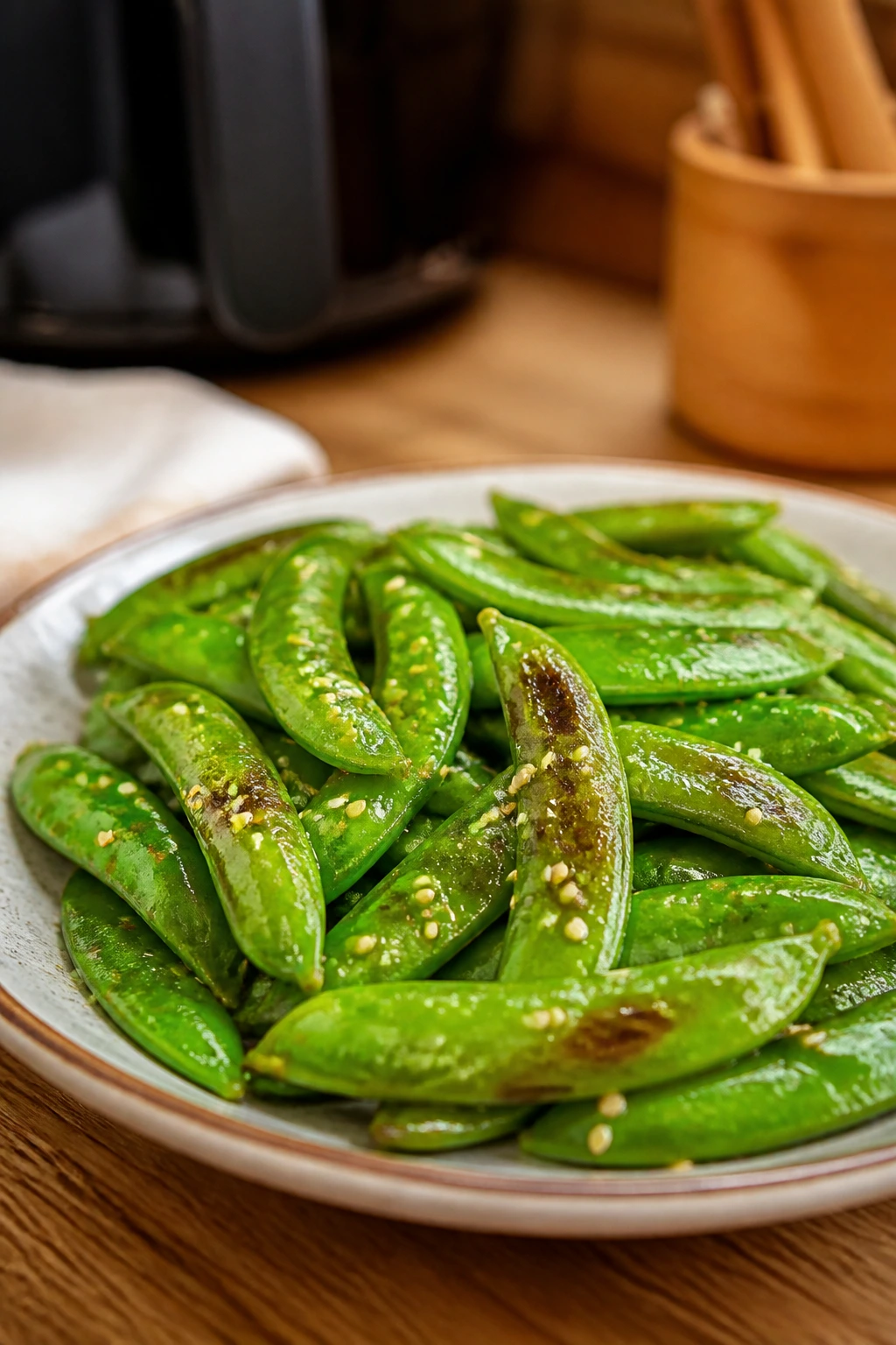 Close-up of sesame snap peas with sesame seeds