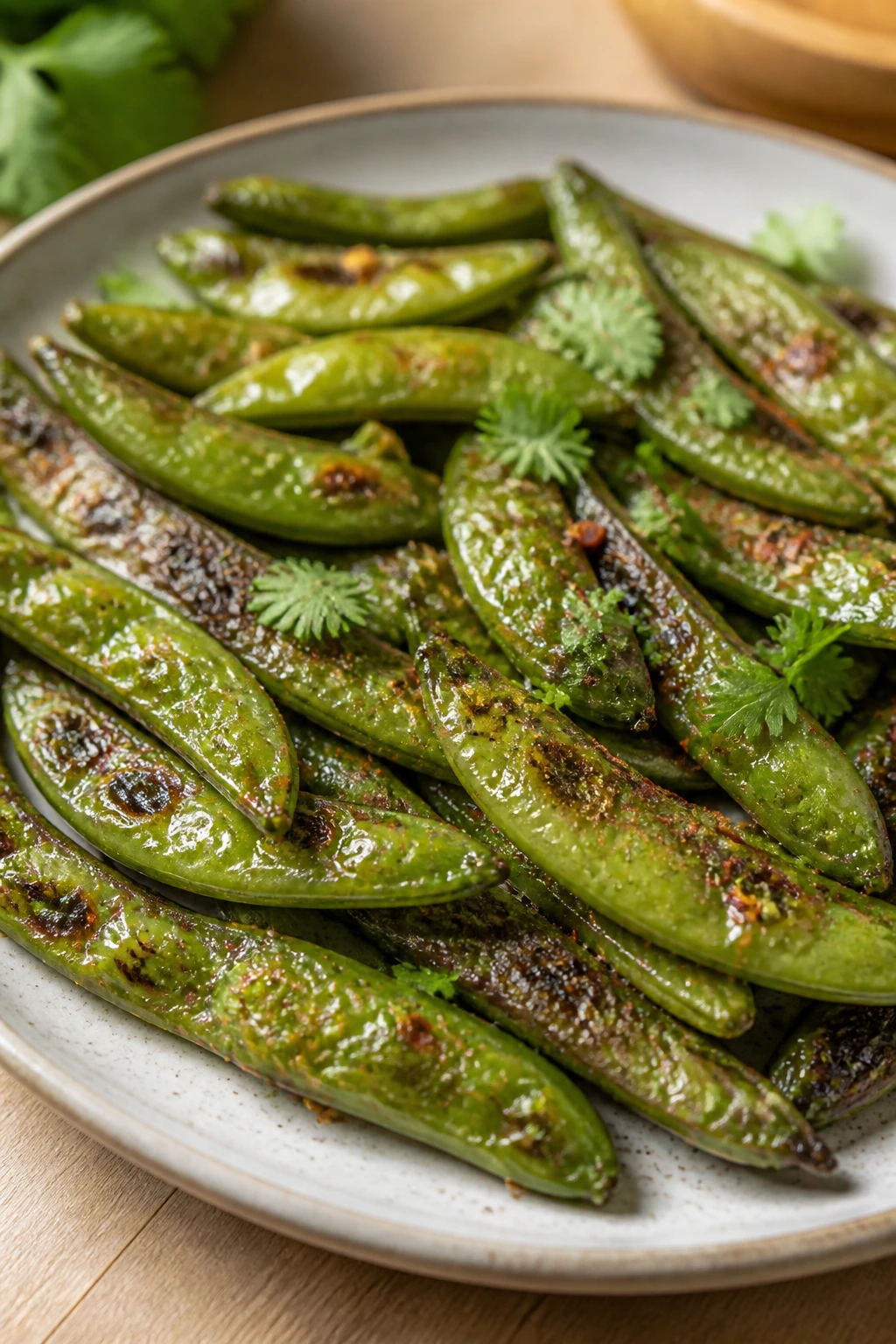 Close-up of blistered Chile-Garlic Snap Peppers on a plate
