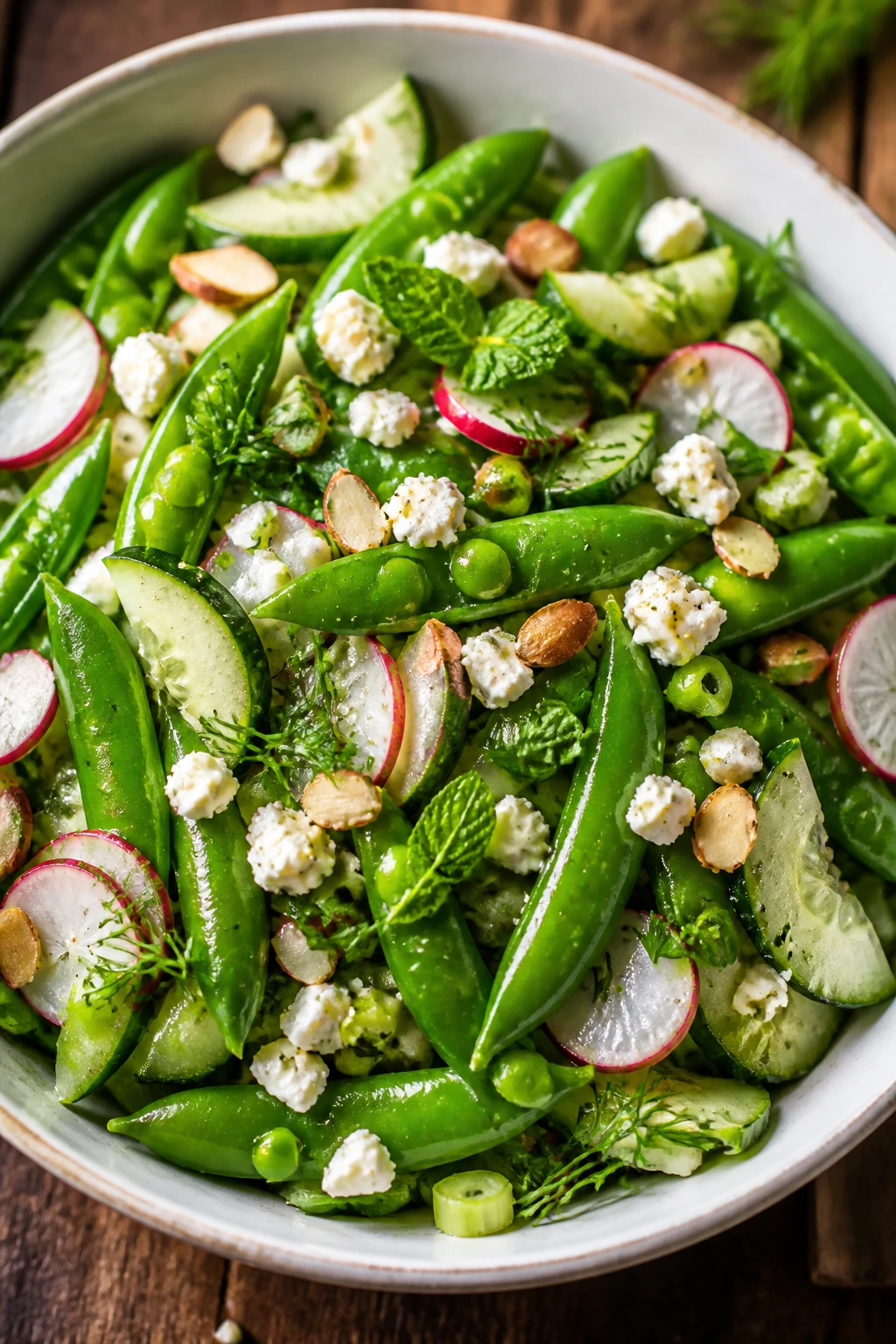 Close-up of light snap pea salad with cucumber, radishes, feta, and almonds in a white bowl
