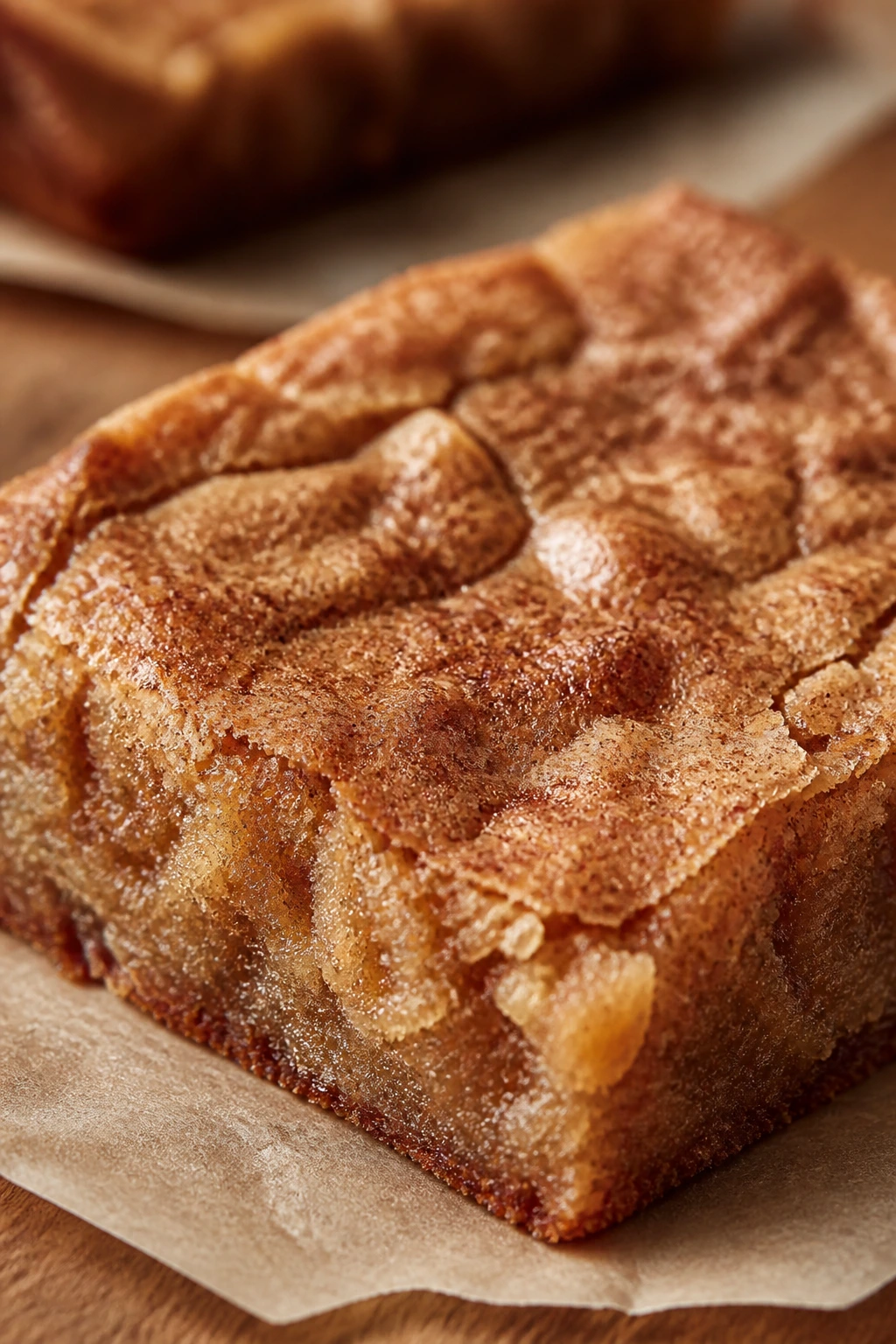 Snickerdoodle blondie bar with cinnamon crackle and soft center