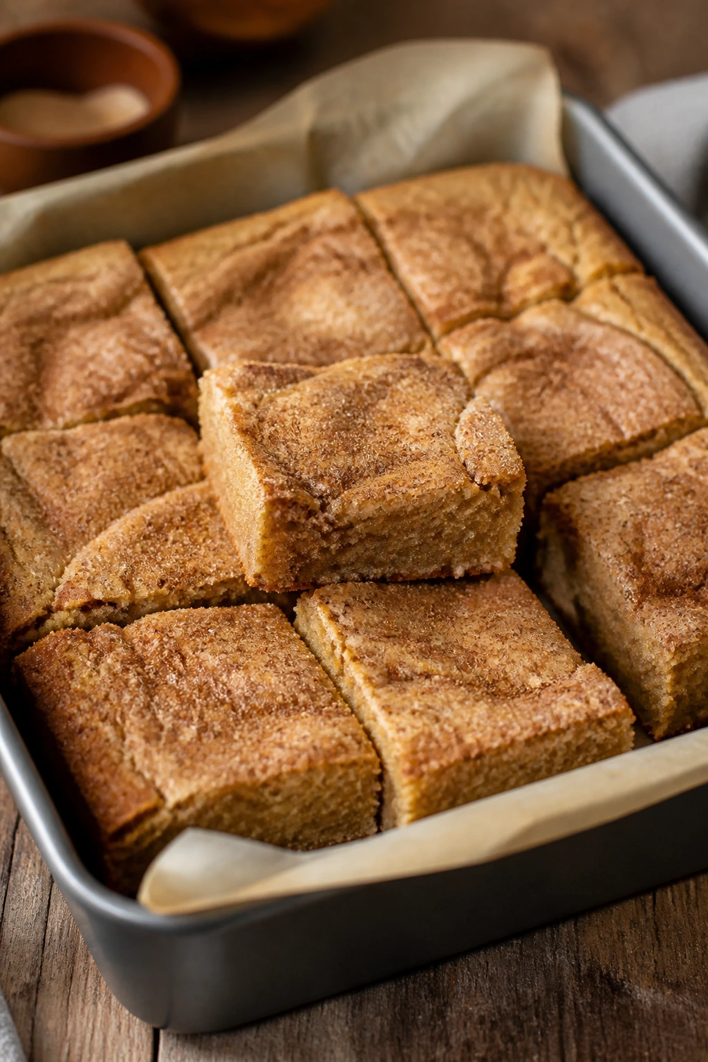 Close-up of snickerdoodle blondies with vanilla protein powder on parchment on wooden counter