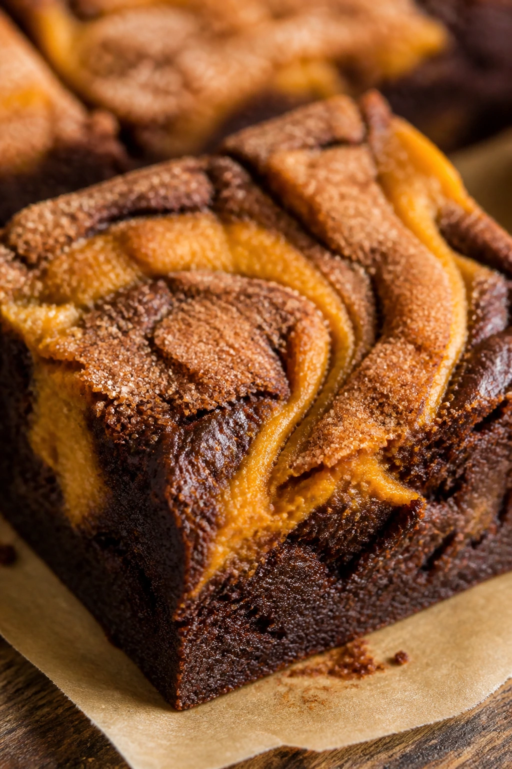 Close-up snickerdoodle pumpkin swirl brownie with cinnamon sugar crust