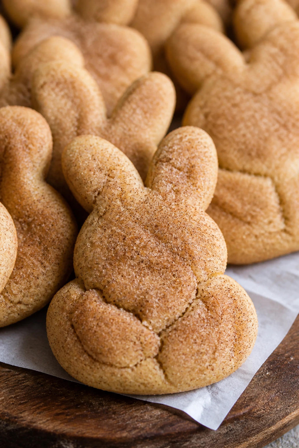 Close-up of soft snickerdoodle bunny cookies with cinnamon sugar on a rustic wooden board