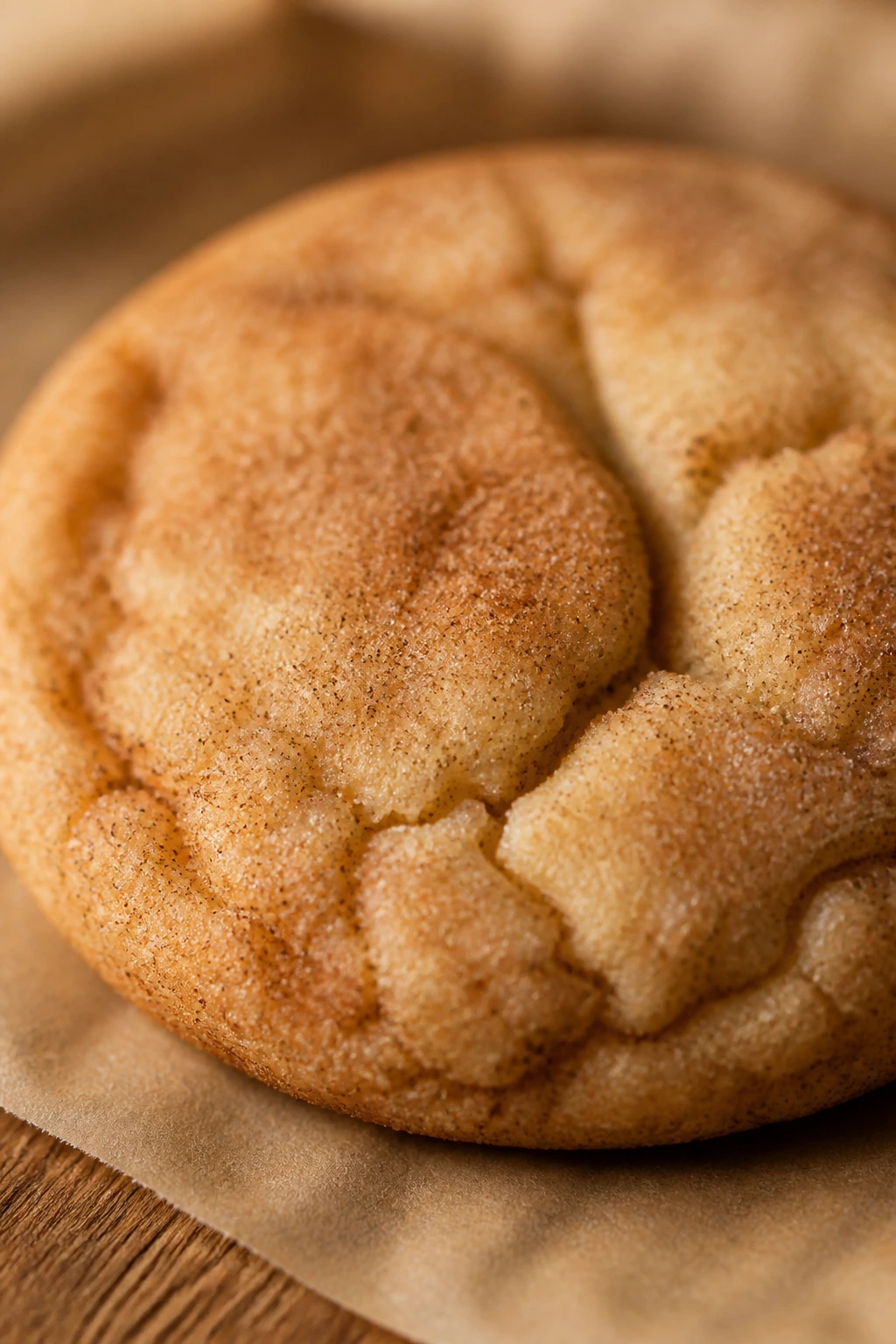 Close-up of a cinnamon-sugar coated snickerdoodle with crack