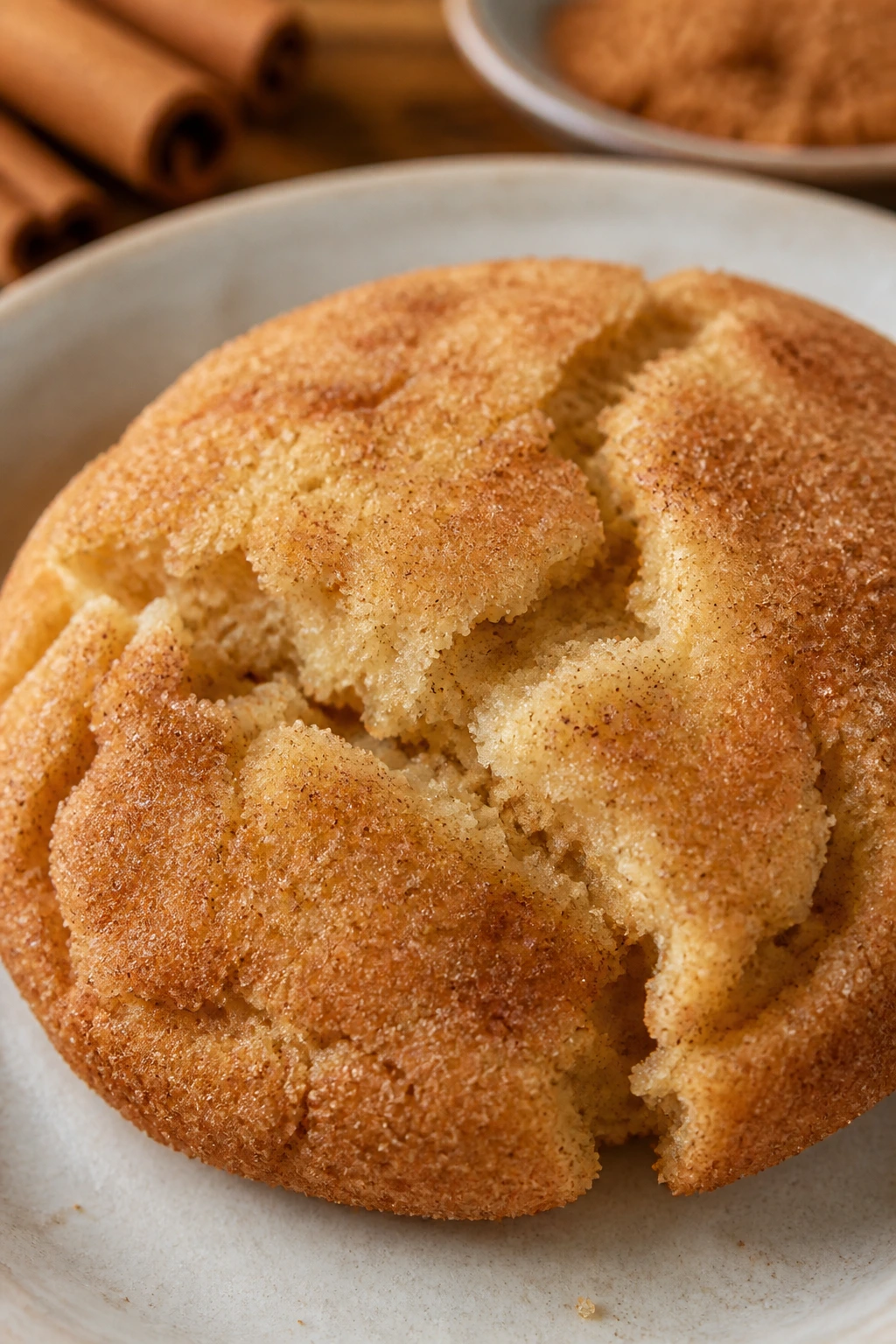 Close-up of snickerdoodle cookie with cinnamon sugar coating