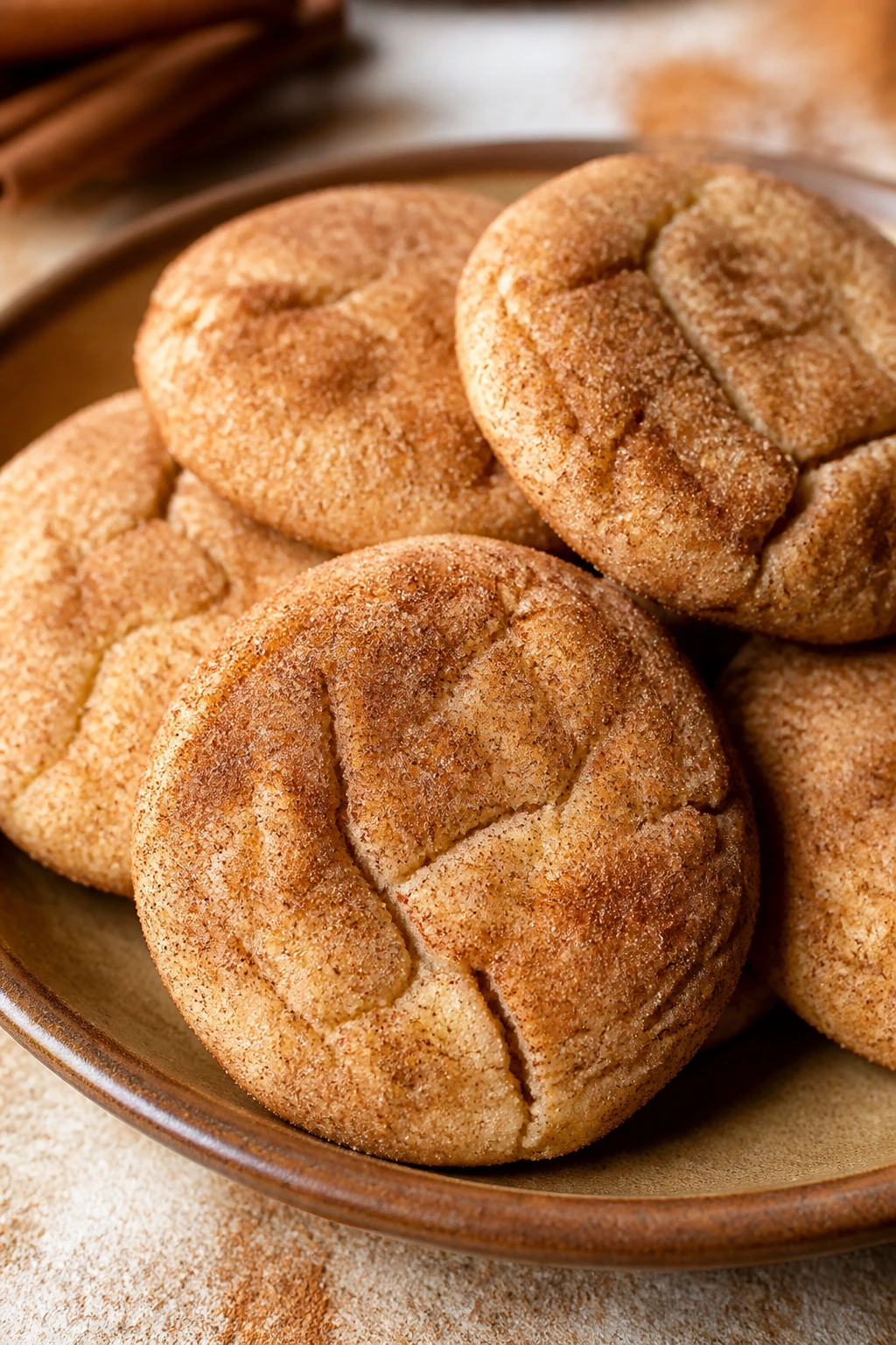 Close-up of crackled snickerdoodle cookies with cinnamon coating on a plate