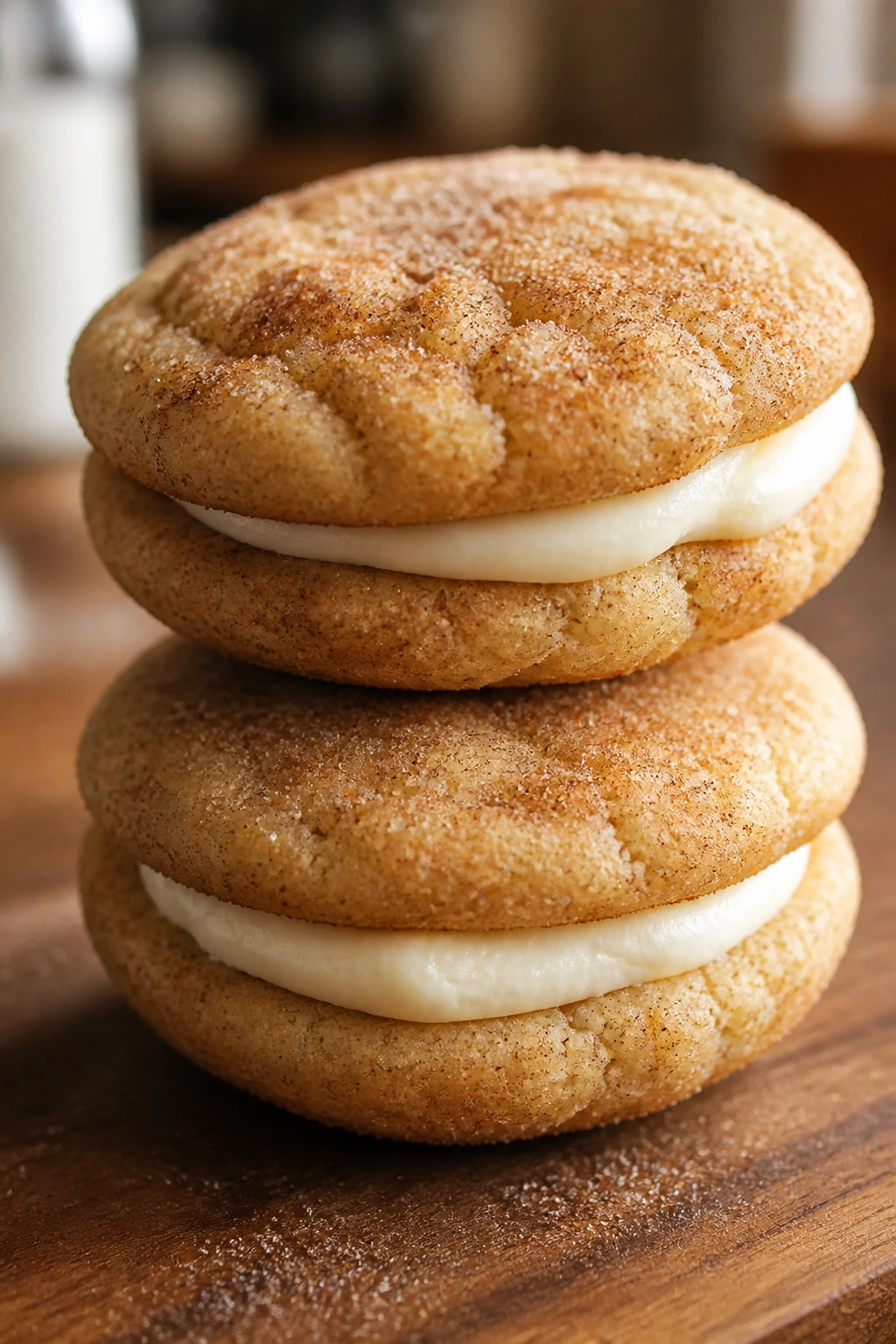 Close-up of Snickerdoodle Sandwich Cookies with cream cheese filling