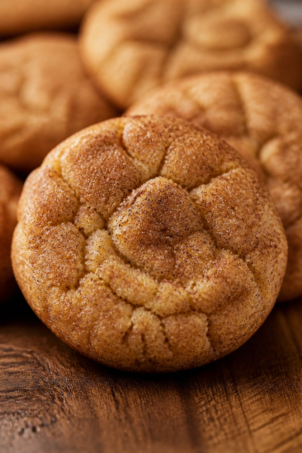 Snickerdoodle cookie with cinnamon sugar on wooden surface