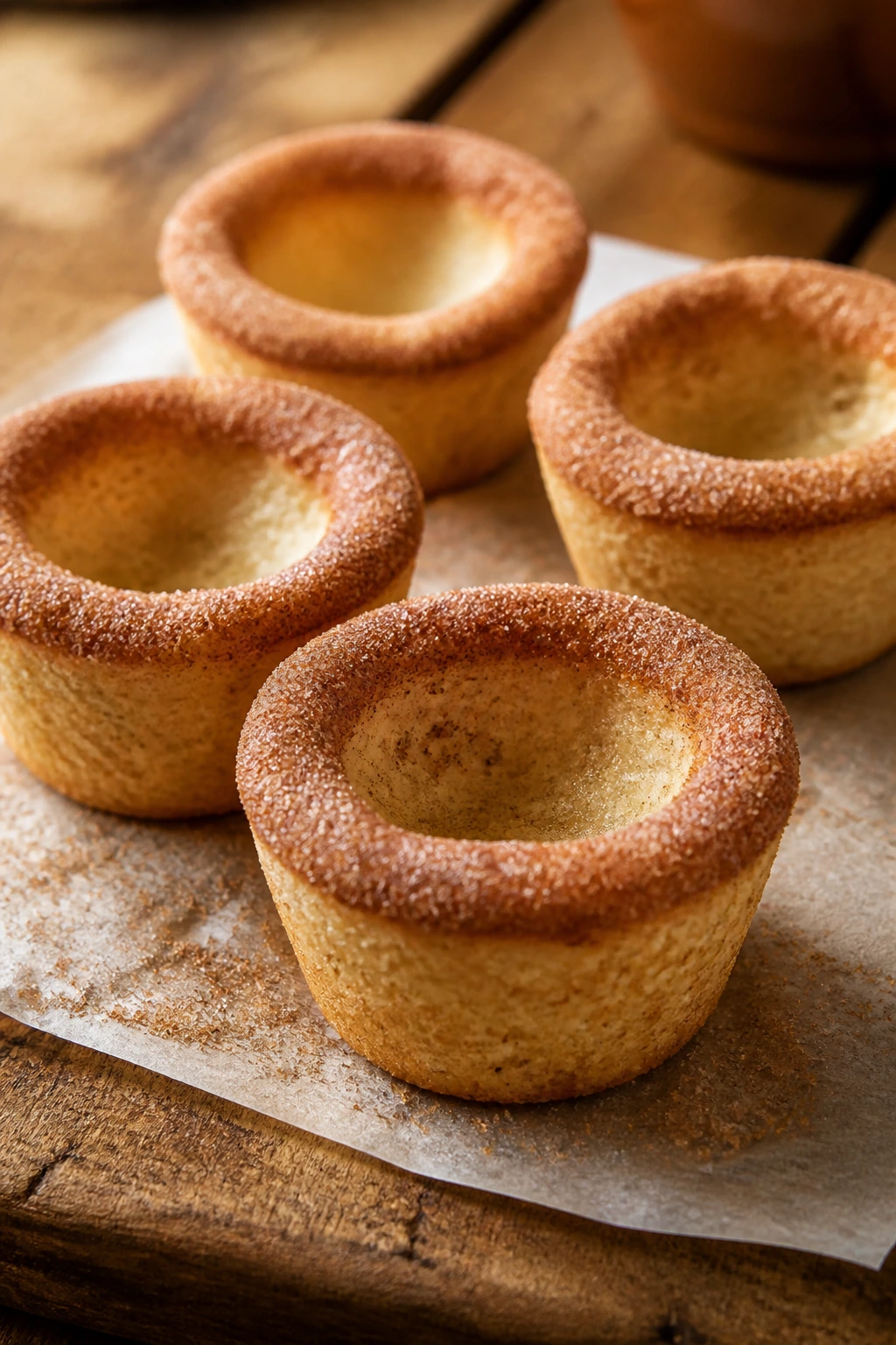 Close-up of snickerdoodle cookie cups with cinnamon sugar rims