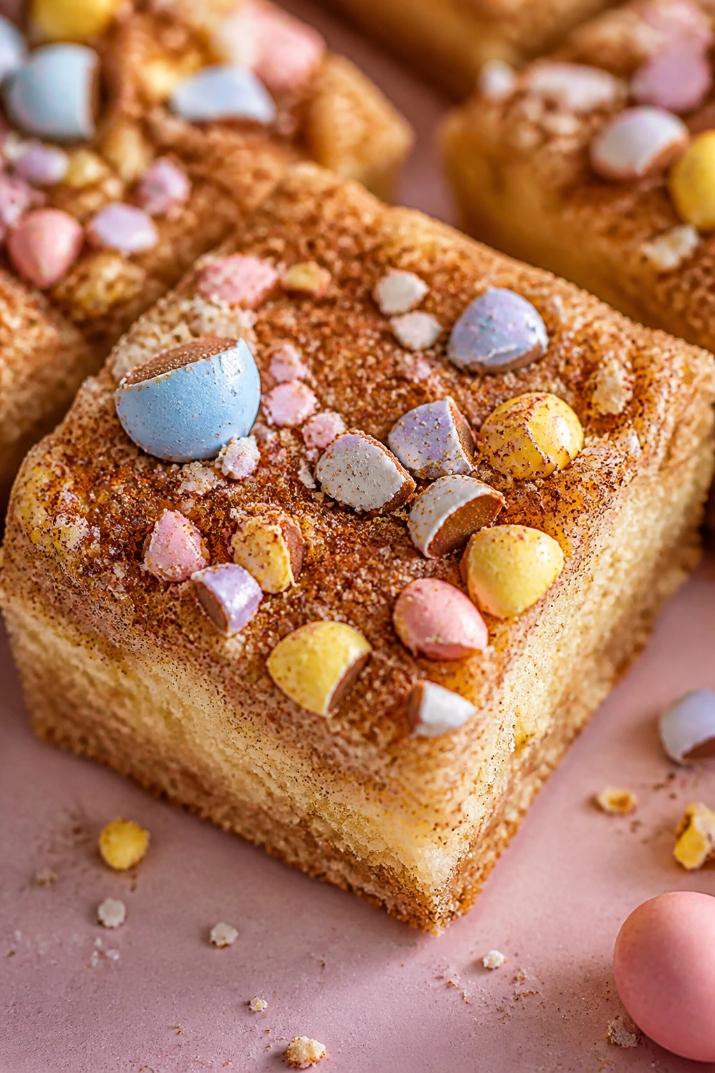 Close-up of Snickerdoodle Easter Egg Bars with cinnamon crust and Easter candy