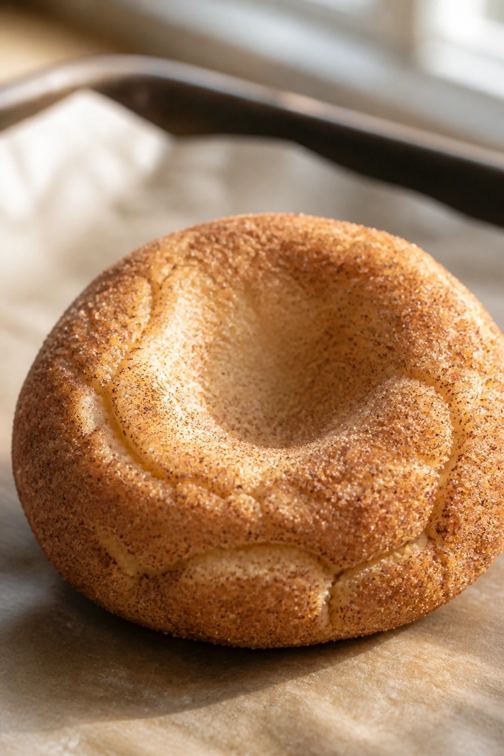 Close-up of a snickerdoodle nest cookie with cinnamon-sugar coating and candy egg indentation